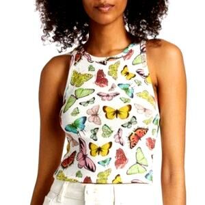 ALICE + OLIVIA Allen Butterfly Print Rib-knit Crop Tank Top White Mulit
